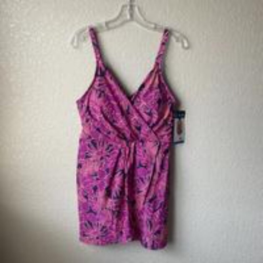 Lands End Tulip Wrap Swim‎ Dress One Piece Purple Pink Floral Womens